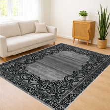 Siyah Zeminli Koyu Klasik Desenli Salon Halısı Yıkanabilir Antialerjik Kaymaz Tabanlı - RVG0330
