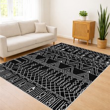 Siyah ve Gri Tonlarda Modern Etnik Desenli Salon Halısı Toz Tutmaz Kaymaz Tabanlı - SD-946