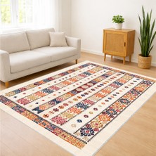 Bej Zeminli Renkli Şerit Desenli Salon Halısı Yıkanabilir Antialerjik Kaymaz Tabanlı - FNL-438