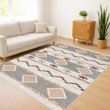 Bej ve Gri Tonlarda Etnik Çizgisel Desenli Salon Halısı Antialerjik Kaymaz Tabanlı Doğal Görünüm - Sm-27