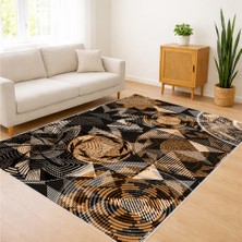 Siyah ve Altın Tonlarda Yaprak Desenli Salon Halısı Antialerjik Kaymaz Tabanlı Lüks Görünüm - SM-617