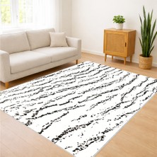 Beyaz Zeminli Siyah Çizgisel Desenli Salon Halısı Toz Tutmaz Kaymaz Tabanlı Modern Görünüm - FNL-326