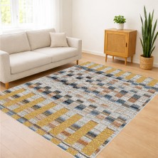 Sarı Gri ve Mavi Tonlarda Blok Desenli Salon Halısı Antialerjik Kaymaz Tabanlı - Sm-08
