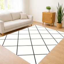 Beyaz Zeminli Siyah Baklava Desenli Modern Salon Halısı Yıkanabilir Kaymaz Tabanlı Net Kontrast - SM-547