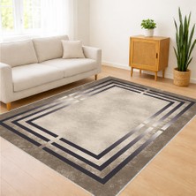 Bej Zeminli Siyah Çerçeveli Geometrik Salon Halısı Yıkanabilir Kaymaz Tabanlı Modern Stil - SM-517