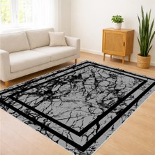 Siyah Zeminli Mermer Efektli Modern Salon Halısı Yıkanabilir Kaymaz Tabanlı Toz ve Leke Tutmaz Şık Dekorasyon Için - SM-157