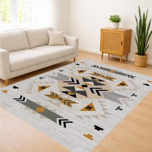 Bej Zeminli Siyah ve Sarı Geometrik Desenli Salon Halısı Yıkanabilir Kaymaz Tabanlı Dinamik Dekorasyon - SD-1103