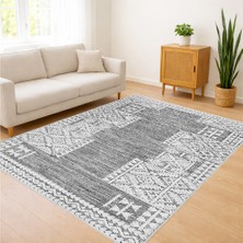 Gri Zeminli Etnik Geometrik Desenli Salon Halısı Toz Tutmaz Kaymaz Tabanlı Modern Dokunuş - SD-1138