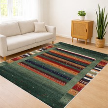 Yeşil ve Kırmızı Tonlarda Etnik Çizgili Salon Halısı Antialerjik Kaymaz Tabanlı Sıcak Kullanım - SM-637