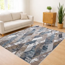 Gri ve Mavi Tonlarda Patchwork Desenli Salon Halısı Yıkanabilir Toz Tutmaz Kaymaz Tabanlı - SM-175