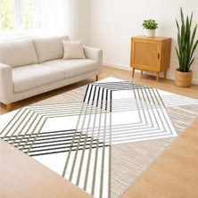 Bej ve Siyah Çizgisel Geometrik Desenli Salon Halısı Antialerjik Kaymaz Tabanlı Modern Stil - SM-142