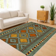 Yeşil ve Turuncu Tonlarda Etnik Geometrik Desenli Salon Halısı Antialerjik Kaymaz Tabanlı - SM-641
