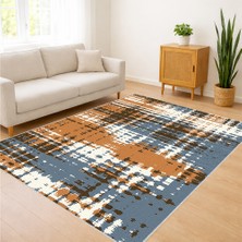 Kahverengi ve Mavi Tonlarda Modern Blok Desenli Salon Halısı Yıkanabilir Toz Tutmaz Kaymaz Tabanlı - SM-236