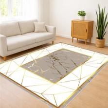 Krem Zeminli Altın Çizgili Modern Salon Halısı Yıkanabilir Toz Tutmaz Kaymaz Tabanlı - SD-1186