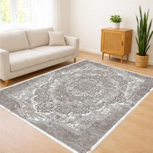 Açık Gri Zeminli Klasik Oval Desenli Salon Halısı Yıkanabilir Antialerjik Kaymaz Tabanlı - FNL-414