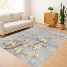 Krem Zeminli Altın Detaylı Klasik Salon Halısı Yıkanabilir Toz Tutmaz Kaymaz Tabanlı Zarif Görünüm - SM-238