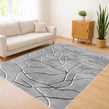 Gri Zeminli Çizgisel Kabartma Görünümlü Salon Halısı Antialerjik Kaymaz Tabanlı - FNL-365