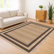 Bej ve Siyah Çerçeveli Modern Salon Halısı Yıkanabilir Toz Tutmaz Kaymaz Tabanlı - FNL-338