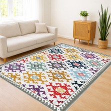 Renkli Etnik Motifli Modern Salon Halısı Antialerjik Kaymaz Tabanlı Canlı ve Sıcak Kullanım - SM-246