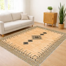 Bej Zeminli Zigzag Desenli Salon Halısı Yıkanabilir Antialerjik Kaymaz Tabanlı Sıcak Dekorasyon - SD-1107