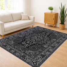 Siyah Zeminli Klasik Motifli Salon Halısı Yıkanabilir Toz Tutmaz Kaymaz Tabanlı - SM-331