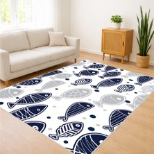 Beyaz Zeminli Lacivert Desenli Modern Salon Halısı Antialerjik Kaymaz Tabanlı Ferah Stil - SM-254
