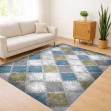 Mavi ve Bej Tonlarda Geometrik Desenli Salon Halısı Yıkanabilir Kaymaz Tabanlı Ferah Alanlar Için - FNL-315