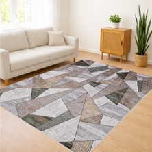 Bej ve Gri Tonlarda Geometrik Desenli Salon Halısı Antialerjik Kaymaz Tabanlı Modern Görünüm - SM-174