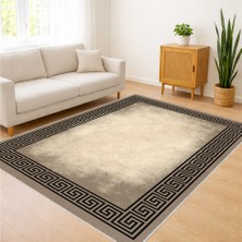 Bej Zeminli Koyu Çerçeveli Sade Salon Halısı Yıkanabilir Kaymaz Tabanlı Zamansız Stil - SM-647