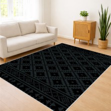 Siyah Zeminli Geometrik Dokulu Salon Halısı Yıkanabilir Kaymaz Tabanlı Toz ve Leke Tutmaz Modern Kullanım - SD-1147