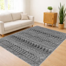 Gri Tonlarda Etnik Çizgili Salon Halısı Yıkanabilir Toz Tutmaz Kaymaz Tabanlı - SD-1173