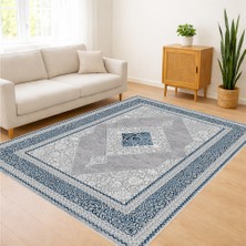 Mavi ve Gri Tonlarda Çerçeveli Klasik Salon Halısı Yıkanabilir Toz Tutmaz Kaymaz Tabanlı - SM-179
