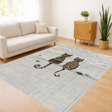 Krem Zeminli Figürlü Modern Salon Halısı Yıkanabilir Toz Tutmaz Kaymaz Tabanlı - SM-286