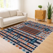 Mavi ve Turuncu Çizgili Etnik Desenli Salon Halısı Yıkanabilir Antialerjik Kaymaz Tabanlı - SD-1115
