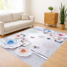 Beyaz Zeminli Mavi Çiçek Desenli Salon Halısı Yıkanabilir Toz Tutmaz Kaymaz Tabanlı - SM-253