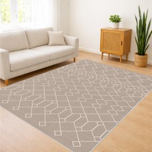 Bej Zeminli Modern Geometrik Desenli Salon Halısı Antialerjik Kaymaz Tabanlı Sade Kullanım - Sm-70