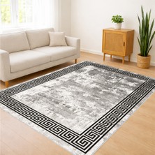 Gri Zeminli Siyah Çerçeveli Eskitme Desenli Salon Halısı Yıkanabilir Kaymaz Tabanlı Toz ve Leke Tutmaz Modern Kullanım Için - SM-648