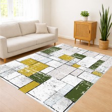 Beyaz Zeminli Yeşil ve Sarı Blok Desenli Salon Halısı Antialerjik Kaymaz Tabanlı Enerjik Stil - SM-137