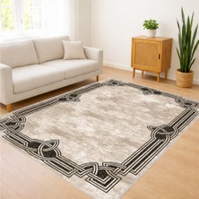 Bej ve Siyah Tonlarda Klasik Çerçeveli Salon Halısı Antialerjik Kaymaz Tabanlı - SM-584