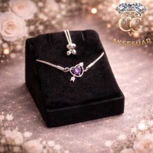 Cg Aksesuar Mor Kalp Taşlı Gümüş Renk Bileklik – Zarif ve Işıltılı Tasarım