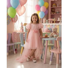 Butik Happy Kids Kız Çocuk Kuyruklu Tüllü Çiçek Detaylı Abiye Elbise Pembe 2-6 Yaş