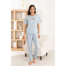 Pijamoni Kadın Milan Kumaş Kiraz Desenli Mavi Pijama Takımı