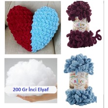 Moonaja Puffy Taraftar Kalp Yastık Yapım Seti - Iki Adet Puffy Yün ve 200GR Inci Elyaf