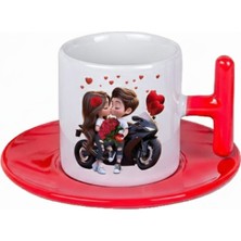 Bade Sevgililer Günü T Kulplu Kırmızı Türk Kahvesi Fincanı