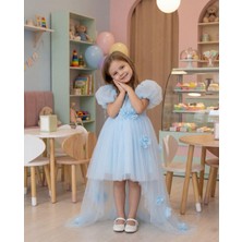Butik Happy Kids Kız Çocuk Kuyruklu Tüllü Çiçek Detaylı Abiye Elbise Bebe Mavi 2-6 Yaş