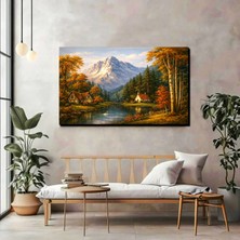 Doğa Manzara Kanvas Tablo – Köy Evleri & Nehir Temalı Vintage Duvar Dekoru