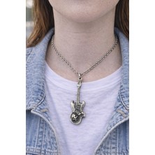 Herşey Nota Skull Guitar – Kuru Kafa Detaylı Gümüş Renk Unisex Uzun Kolye