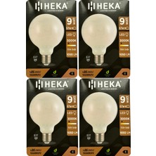 (4 Adet) Heka 9W (67W) 3000K (Sarı Işık) E27 Duylu (Kalın Duy) LED Glop G95 Ampul