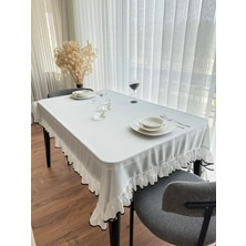 Ars Dt Beyaz Keten Masa Örtüsü Fırfırlı Biye Görünümlü Dekoratif
