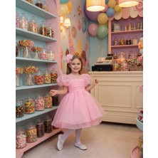 Butik Happy Kids Kız Çocuk Balon Kollu Şifon Pembe  Abiye Elbise Taç Hediyeli 1-5 Yaş